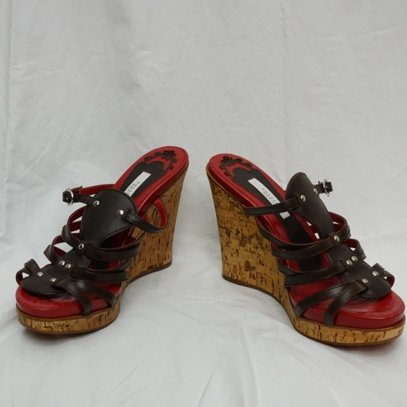 POLLINI Red & Brown Strappy Cork Platform Wedge Sandals, size 37 - Picture 5 of 8